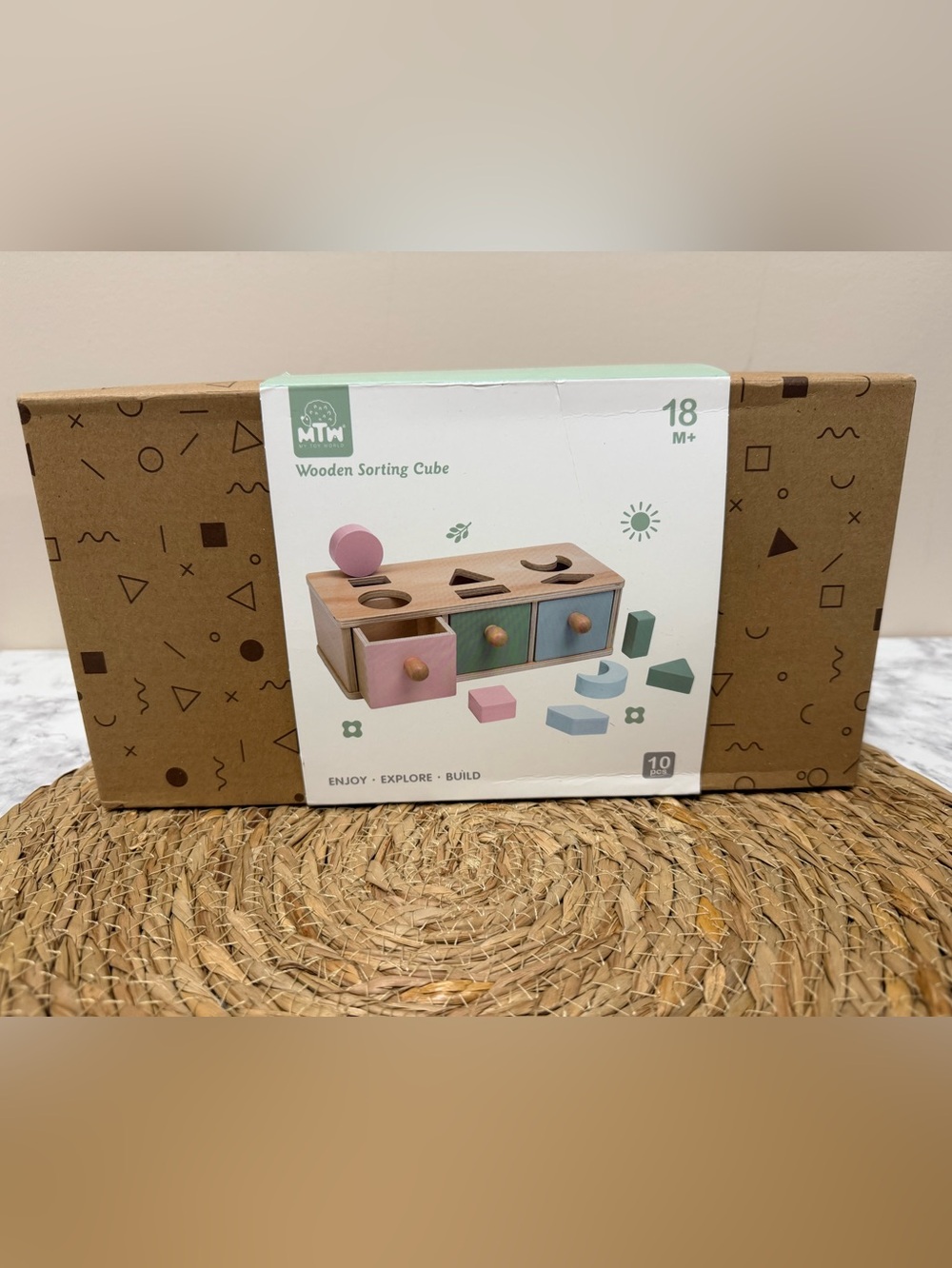 MT Wooden Shape Sorting Cube - Pastel Pink, Green, Blue